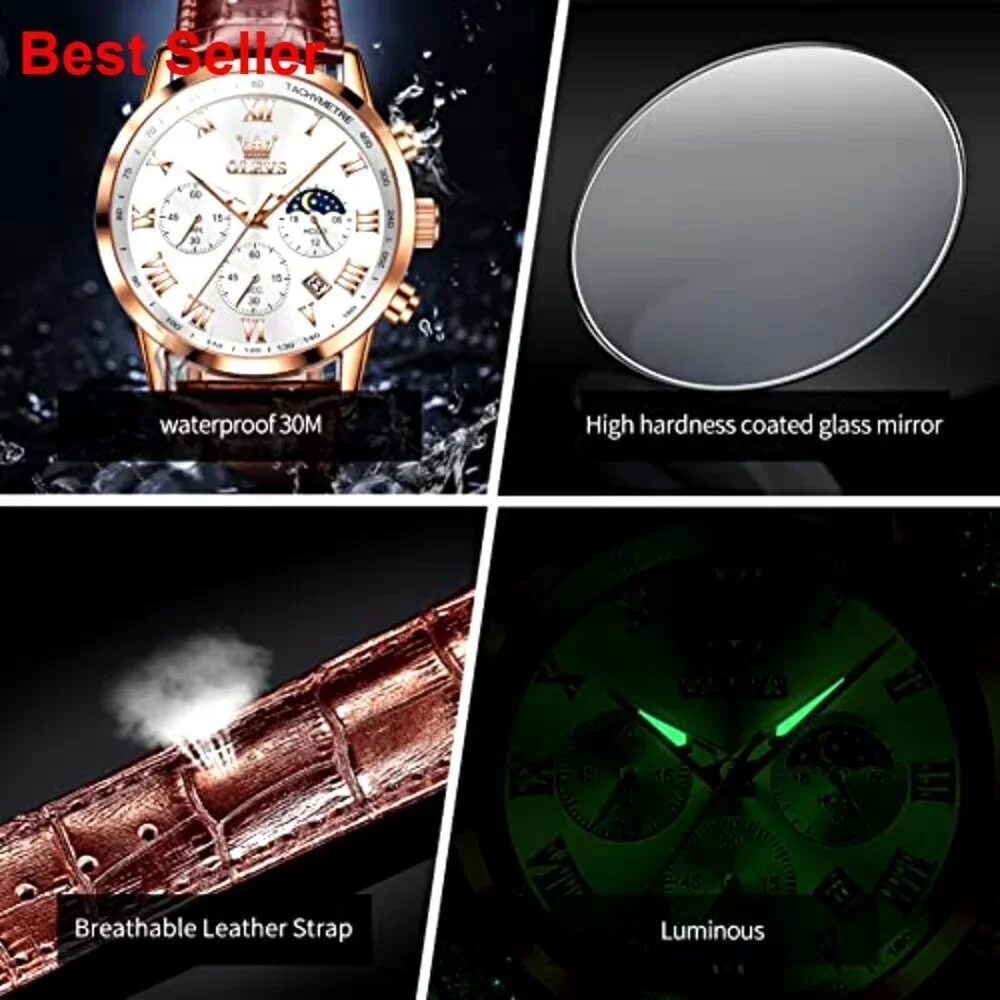 Leather Watch with Date Luminous Dial Stainless Steel Case